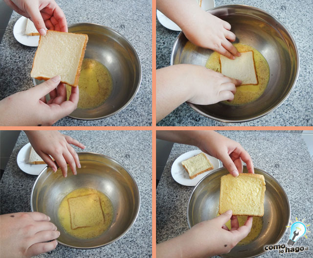 Remojando las tostadas en la mezcla - Cómo hacer tostadas francesas